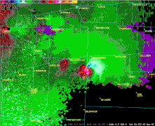 Radar view of a mesocyclone. Note that at the time of this image, an EF5 tornado was currently on the ground.