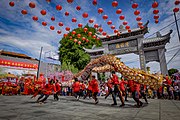 Chinatown gate performing an attraction Dragon dance in Glodok, Jakarta, Indonesia