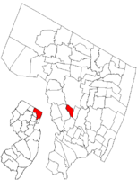 Location of Rochelle Park in Bergen County highlighted in red (right). Inset map: Location of Bergen County in New Jersey highlighted in red (left).