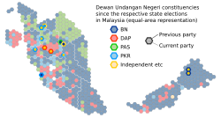 ☎∈ State legislative seat changes since the elections in 2008 (except Sarawak) and 2011 are highlighted for clarity.