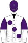 White, purple large spots, purple sleeves, white halved, purple cap