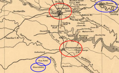 Old map highlighting Sheridan's movements around Richmond