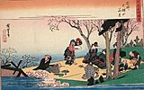 Hanami in Osaka. People enjoy viewing blossoms with dance, music, food and sake. The black box on the right is a multi-tiered bento box. Hiroshige (1834).