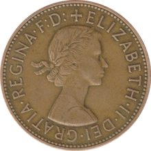 A penny, showing Elizabeth II as a young woman