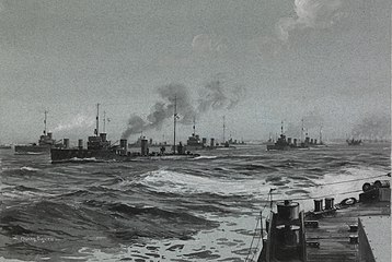 German destroyers in line formation escorted by British destroyers in the distance (World War I)