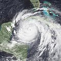 Hurricane Gilbert near peak intensity off the Yucatan Peninsula on September 13, 1988