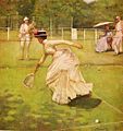 A Rally by Sir John Lavery. Badminton and tennis were popular occasions for parties, with women playing "mixed doubles" alongside male players.