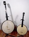 S. S. Stewart bass banjo (left) and banjeaurine. Stewart invented the banjeaurine for a higher or lead voice in banjo orchestras