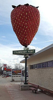 15 foot tall fiberglass sculpture of a strawberry on top of a 15-foot pole.