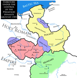 The Czech lands (red) and other territories under the control of the Přemyslid dynasty around year 1301