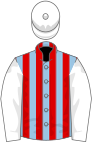Light blue and red stripes, white sleeves and cap