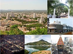 Clockwise from top left: view of Tiruvannamalai with Annamalaiyar Temple towers in the centre and hills in the background, Sri Ramana Ashram entrance, Yogi Ramsuratkumar Ashram, Great Chariot, view of Annamalai Hill from outskirts, Tiruvannamalai at night.