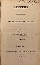 Title page which reads, in full: "Letters Addressed to Two Absent Daughters. By Mrs Rundell. London: Printed for Richard Rees, 62, Pall Mall. 1814."