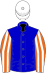 Blue, orange and white striped sleeves, white cap