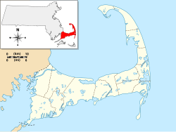 A map of Cape Cod, with the town colored bright red.