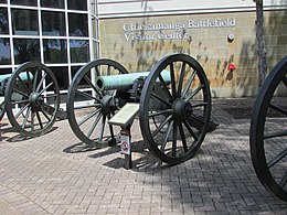 Color photo shows an artillery piece at the Chickamauga Battlefield Visitor's Center