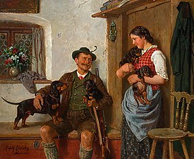 Die Dackelfamilie mit Jäger und Magd (Family of dachshunds with huntsman and girl)
