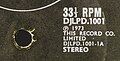 Catalog number DJLPD.1001 and additional technical information on a vinyl album