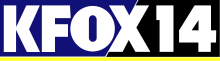Bold sans serif lettering "KFOX 14", with the "FOX" being the same letters as the Fox network logo, on a background split between blue and black with a yellow line below.