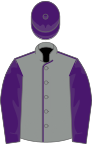 Grey, purple seams, purple sleeves and cap