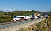 High-speed AVE Class 103 train near Vinaixa, Madrid-Barcelona line. Spain has the longest high-speed rail network in Europe.[228]