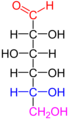D-glucose in the Fischer projection. Red: Group with highest priority, Blue: For determination of D-/L- relevant group, Violet: Group with achiral carbon atom