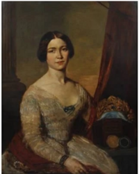 Portrait of a young white woman, seated; she has neat, straight dark brown hair