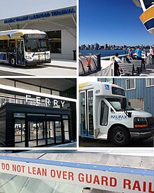 Clockwise from top-left: Halifax Transit bus, view of Halifax from the deck of the Stannix, Access-a-Bus vehicle, warning on Halifax III railing, new entrance to Dartmouth Alderney terminal