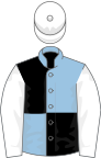 Light blue and black (quartered), white sleeves and cap