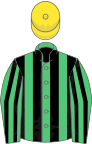 Emerald green and black stripes, yellow cap