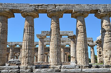 Ancient Greek Doric columns of the Temple of Hera I, with their usually large entasis on the shafts