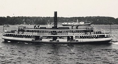 Kirawa approaching Mosman Bay with her original varnished timber and white/grey trim livery, 1920s