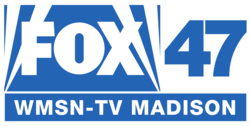 In a gray rectangle with 3D effects, an older version of the Fox logo with a searchlight-like motif appears to the left of a numeral "47" in blue. Below it in a black rectangle, the text "WMSN-TV MADISON" appears.