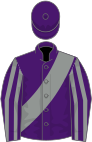 Purple, grey sash, striped sleeves