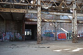 Interior of foundry, 2009, looking west. Note interior passageway stretching through the complex to the machine shop.