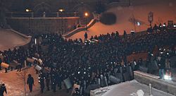Crowd of Berkutians on Institutskaya Street ready to attack
