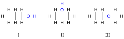 Structural isomers of C 3H 8O: I 1-propanol, II 2-propanol, III ethyl-methyl-ether.
