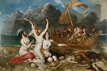 Three naked women sitting on a pile of rotting corpses, beckoning to a group of sailors in a boat
