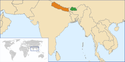 Map indicating locations of Bhutan and Nepal