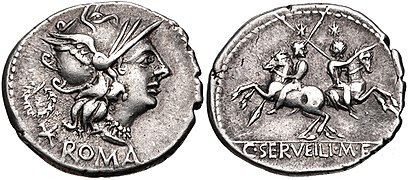 Denarius of Gaius Servilius, 136 BC. Roma is depicted on the obverse with a wreath behind, while the reverse shows Pulex Geminus facing a foe, under the traits of the Dioscuri.[10]
