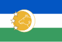 Flag with blue, white and green stripes and crescent with stars, which have a picture of wolf in it