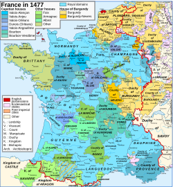 Map of France in 1477, showing the duchy of Bar in "Valois-Anjou" colours
