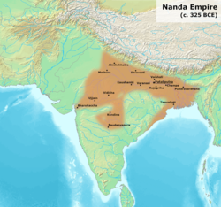 Possible extent of the Nanda Empire under its last ruler Dhana Nanda (c. 325 BCE).[2]