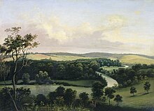 Painting of rolling hills, a river, and trees
