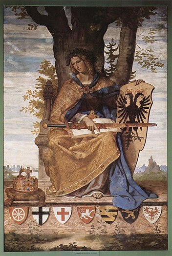 1830s painting of Germania holding the German arms while seated on a pedestal displaying the arms of the seven traditional prince-electors of the Holy Roman Empire