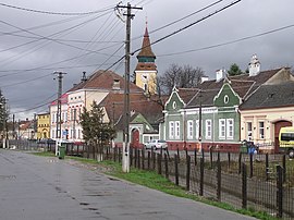 Main street of Vulcan with the fortified church in the background