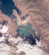Jordanian and Israeli salt evaporation ponds at the south end of the Dead Sea.