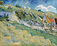 Chaumes de Cordeville à Auvers-sur-Oise (Thatches of Cordeville) is an oil painting of thatched cottages and houses. The sky is an intense blue complementing the yellow of the vegetation in the foreground. In the middle there is a diagonal band of green that is accentuated by one red roof on the right. The shadows on the houses are tinged with blue. The atmosphere is calm and serene, the smoke from the chimneys curling vertically up on a still day.