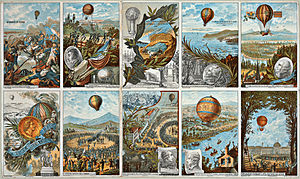 Collecting cards with pictures of events in early ballooning and parachuting history from the Tissandier collection at the Library of Congress, 1st Series