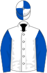 White, royal blue sleeves, quartered cap